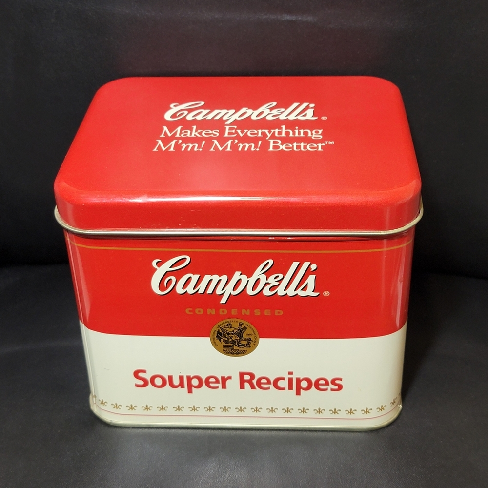 Vintage Campbell’s Souper Recipes Tin Metal Container Storage Box Retro Kitchen